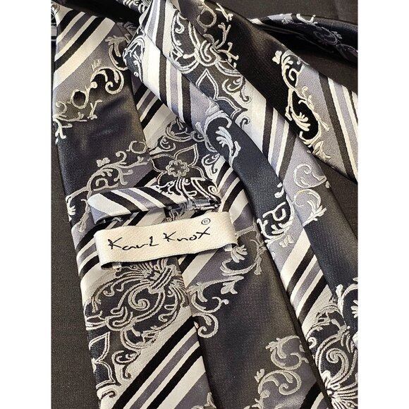 Karl Knox Mens Silver & Black Floral Stripe Necktie - Picture 2 of 10